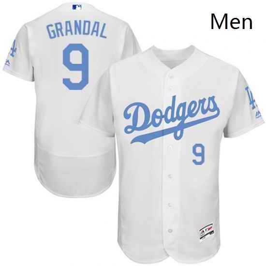 Mens Majestic Los Angeles Dodgers 9 Yasmani Grandal Authentic White 2016 Fathers Day Fashion Flex Base Jersey